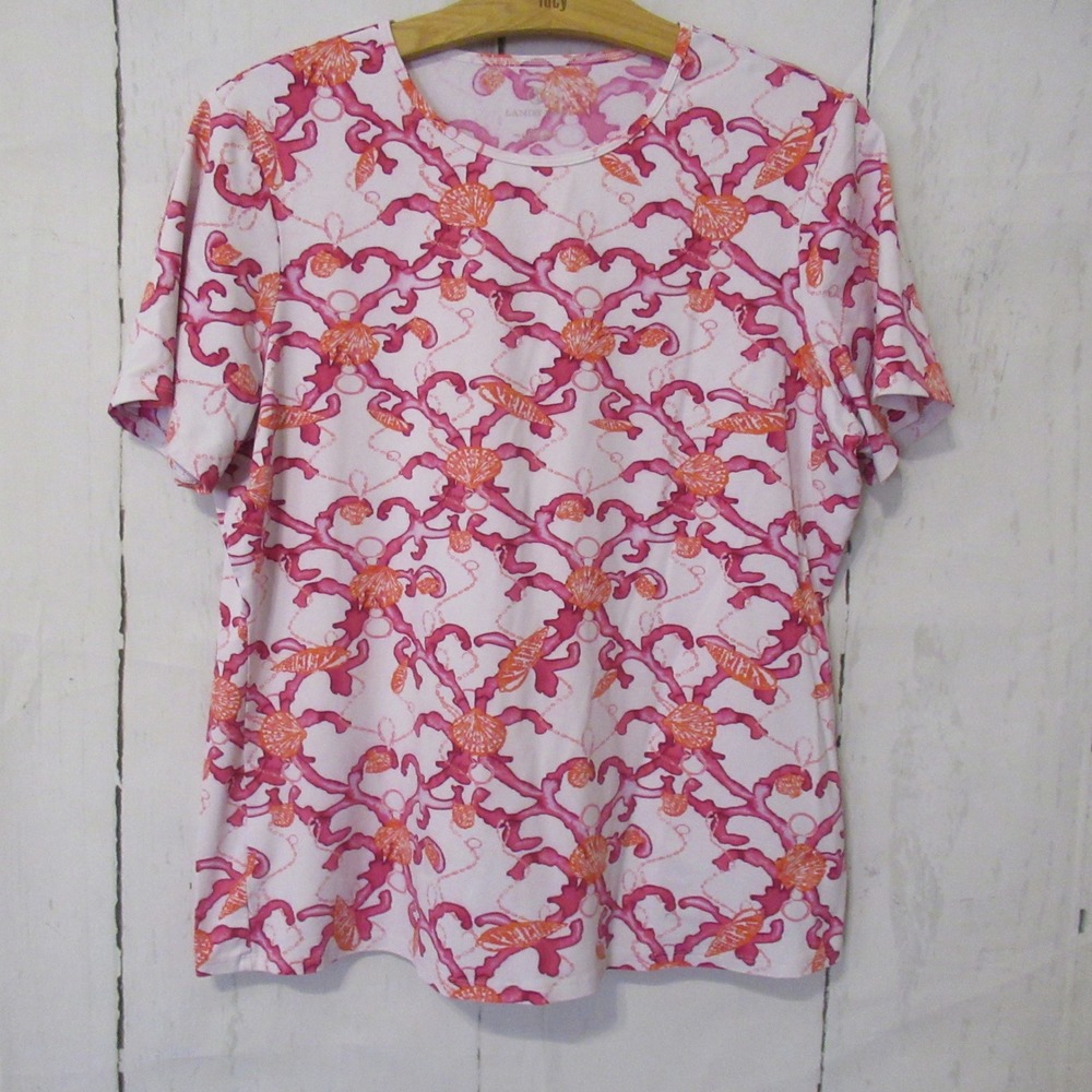 Lands End Rashguard Shirt Womens L Coral Shell Print Swimsuit Cover Up